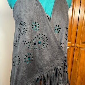 Black Faux Suede Fringe Shawl with Cutout Design - size large